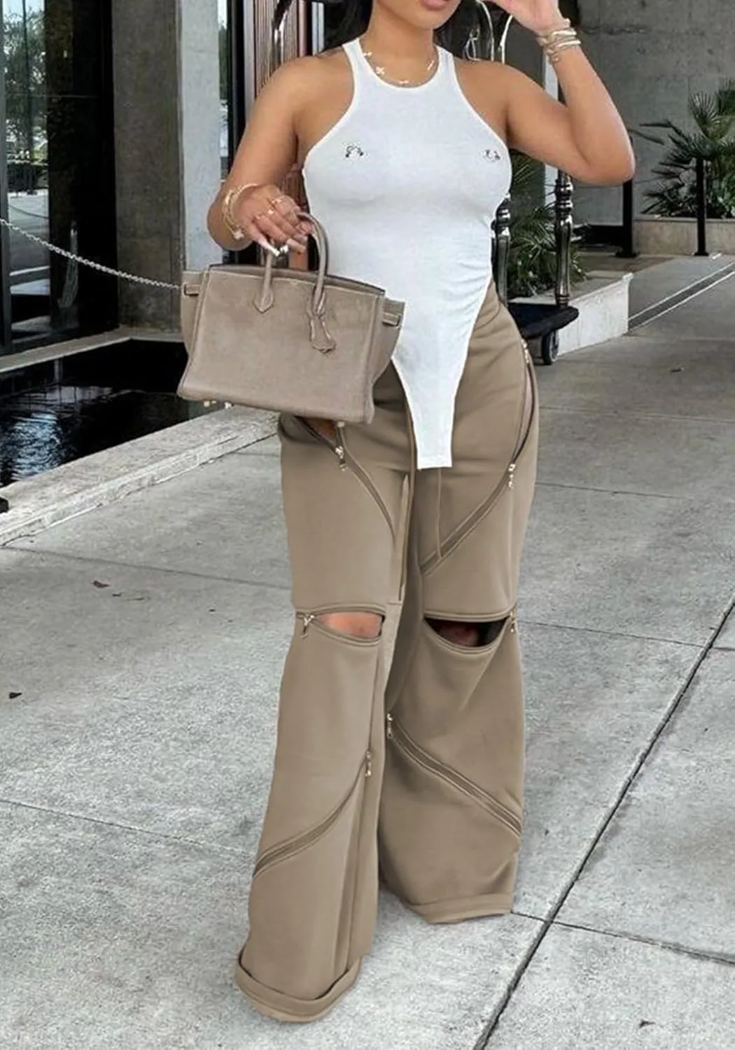 Women Flare Wide Leg Sweatpants Baggy High Waisted Cargo Sweatpants Y2k Loose Casual Pants with Multi Zipper