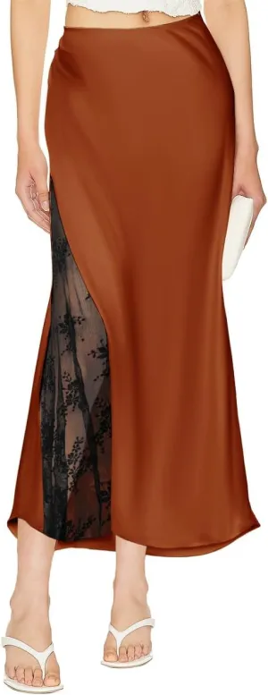 Women Long Satin Summer Spring Skirt Silk Elegant High Waist Cocktail Party Flared A-Line Midi Skirts Caramel M