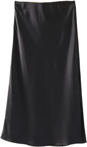 Women Satin Silk Skirt A-Line Solid Color Office High Waisted Midi Skirts with Slit