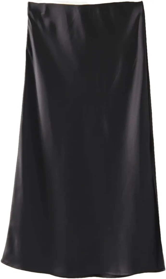Women Satin Silk Skirt A-Line Solid Color Office High Waisted Midi Skirts with Slit