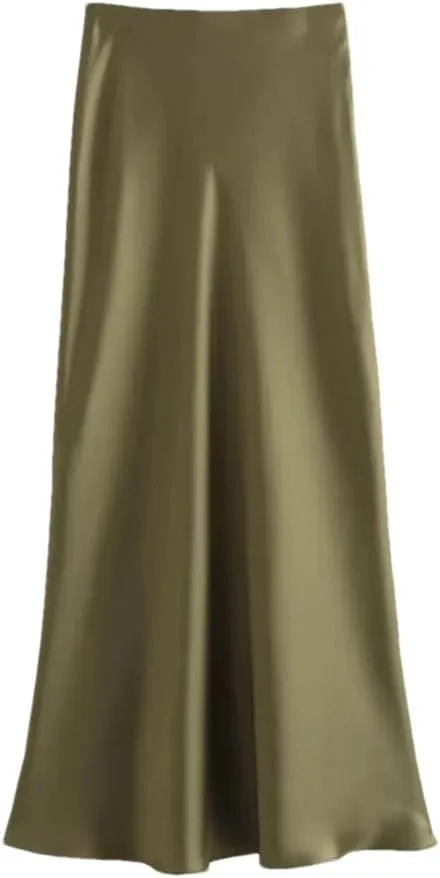 Women Solid Satin Long Skirt Y2k High Waist Slim Silk Texture Ladies Tight Midi Skirt