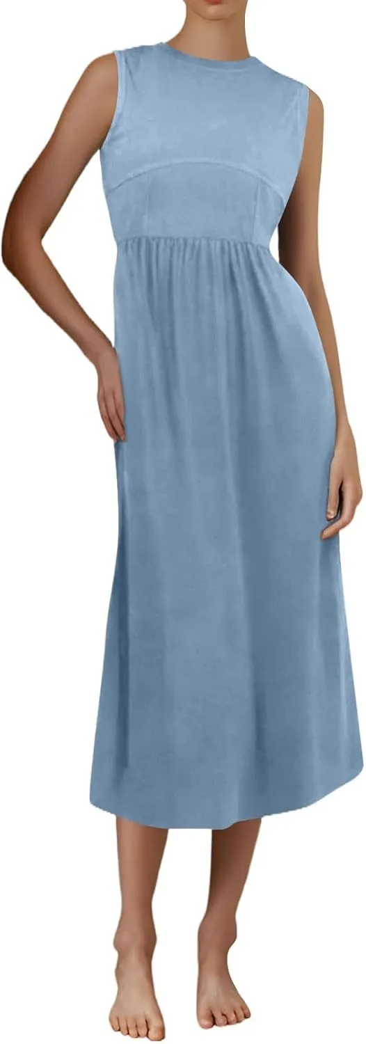 Women Summer Dresses Casual Sundresses Wrap Boho Dresses Tank Dress Sleeveless Business Midi A Line Dress with Pockets