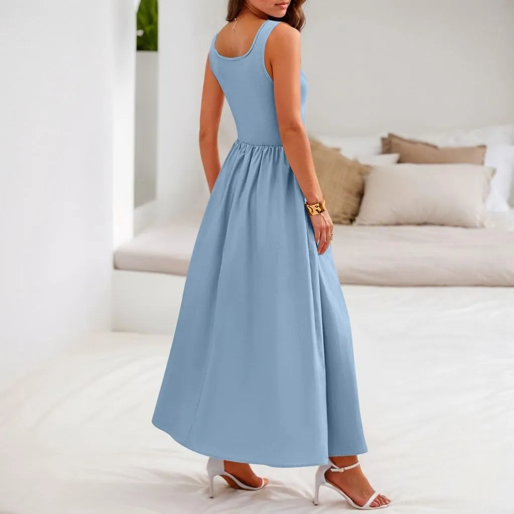 Women Summer Dresses Casual Sundresses Wrap Boho Dresses Tank Dress Sleeveless Business Midi A Line Dress with Pockets
