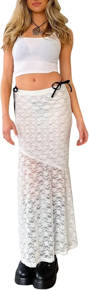 Women Y2k Lace Long Skirts High Waist Ruffle Hem Maxi Skirt Sexy See Through High Slit Flowy Skirts