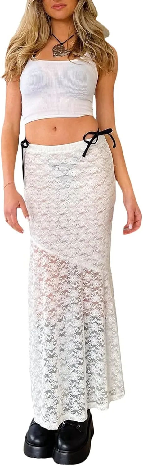 Women Y2k Lace Long Skirts High Waist Ruffle Hem Maxi Skirt Sexy See Through High Slit Flowy Skirts