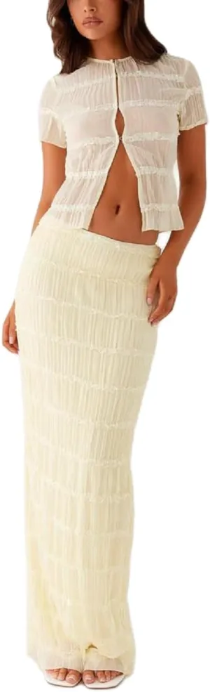 Women Y2k Maxi Skirt Set Lace Mesh Pleated Short Sleeve Button Down Top and Long Skirts Beach 2 Piece Outfit