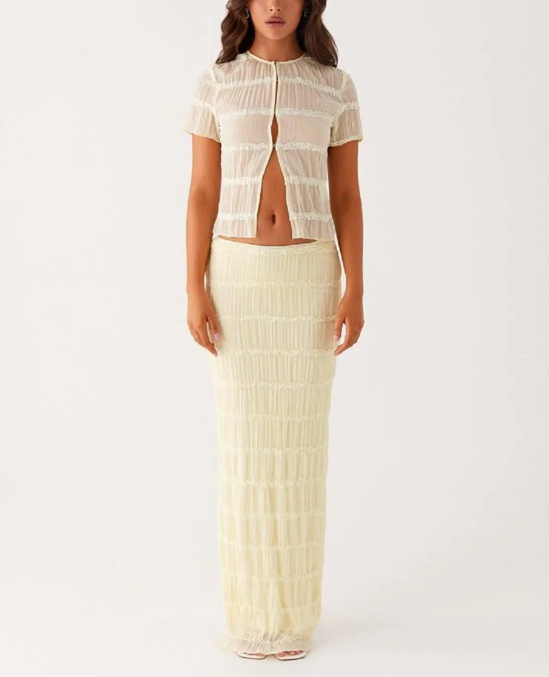 Women Y2k Maxi Skirt Set Lace Mesh Pleated Short Sleeve Button Down Top and Long Skirts Beach 2 Piece Outfit
