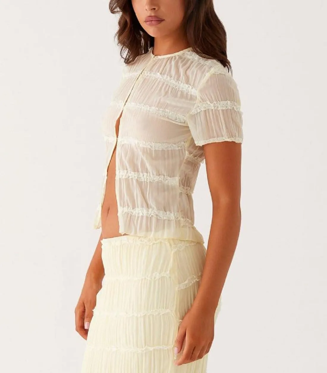 Women Y2k Maxi Skirt Set Lace Mesh Pleated Short Sleeve Button Down Top and Long Skirts Beach 2 Piece Outfit