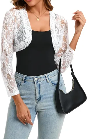 Women's 3 4 Sleeve Shrug Crochet Lace Cardigan Crop Top Crochet Lace Cardigan Sheer Cover Up