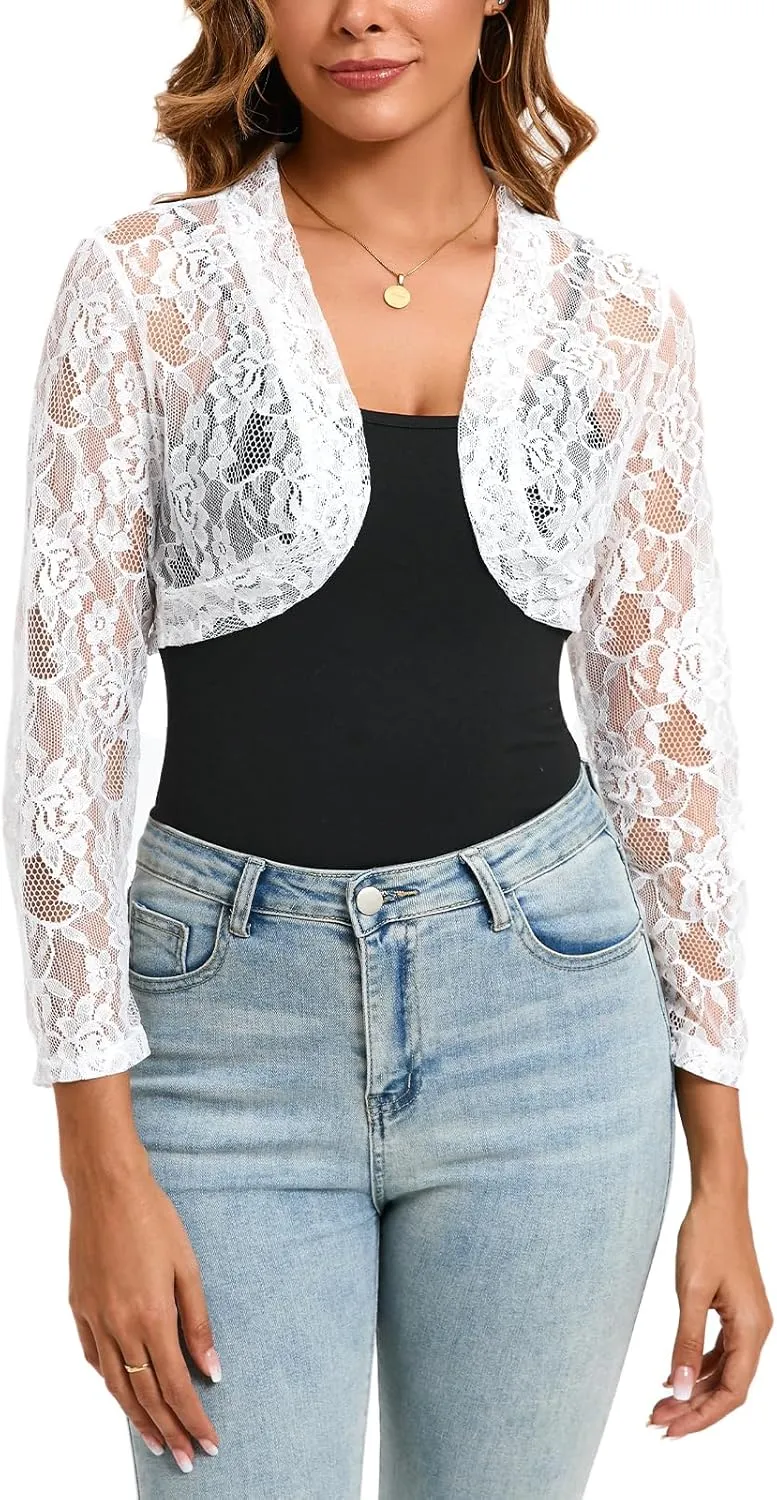 Women's 3 4 Sleeve Shrug Crochet Lace Cardigan Crop Top Crochet Lace Cardigan Sheer Cover Up