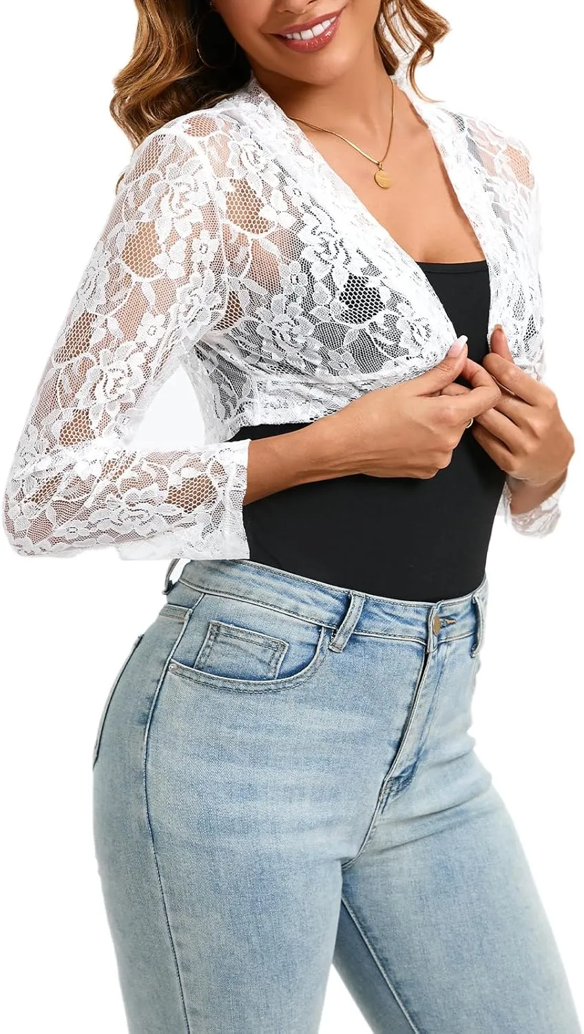 Women's 3 4 Sleeve Shrug Crochet Lace Cardigan Crop Top Crochet Lace Cardigan Sheer Cover Up