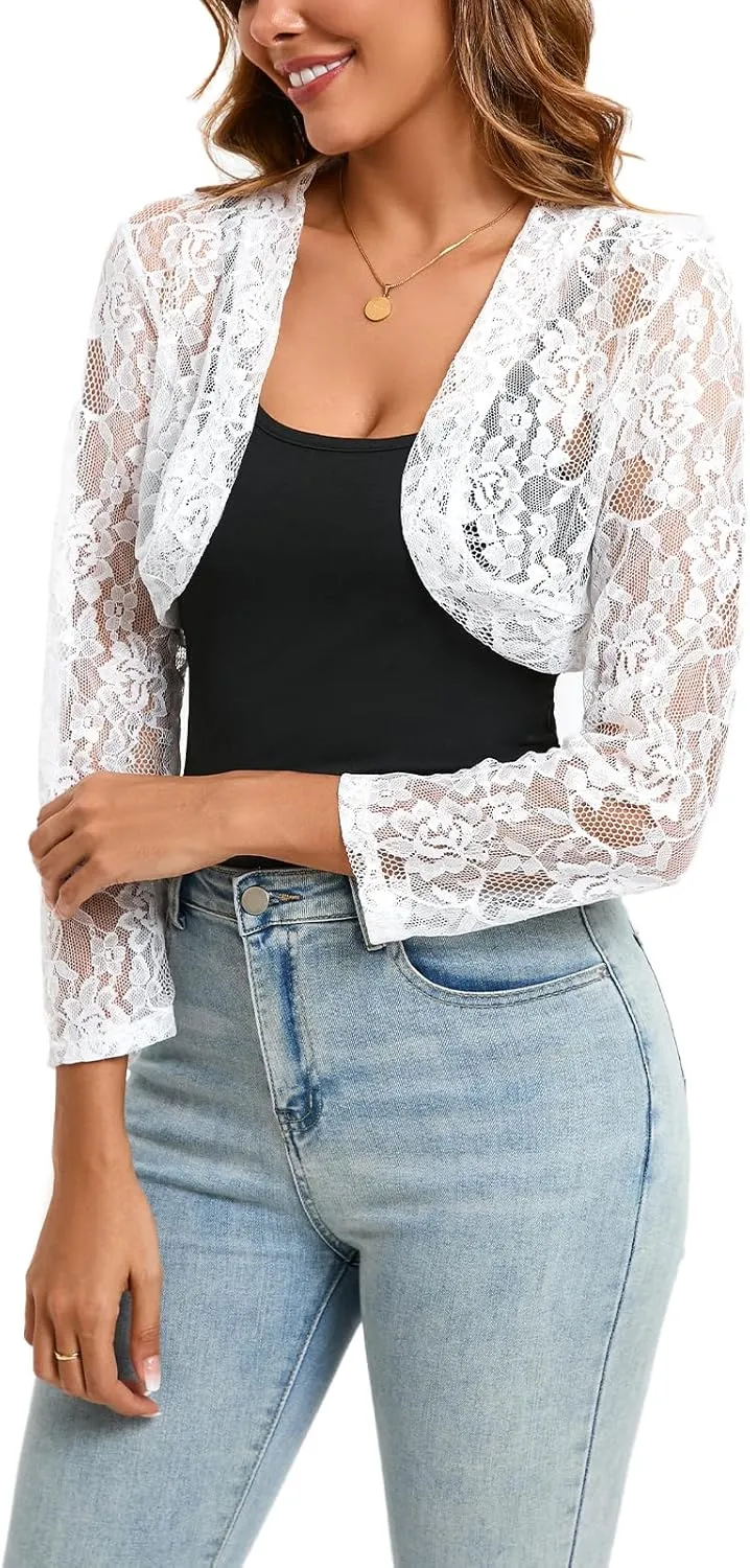 Women's 3 4 Sleeve Shrug Crochet Lace Cardigan Crop Top Crochet Lace Cardigan Sheer Cover Up