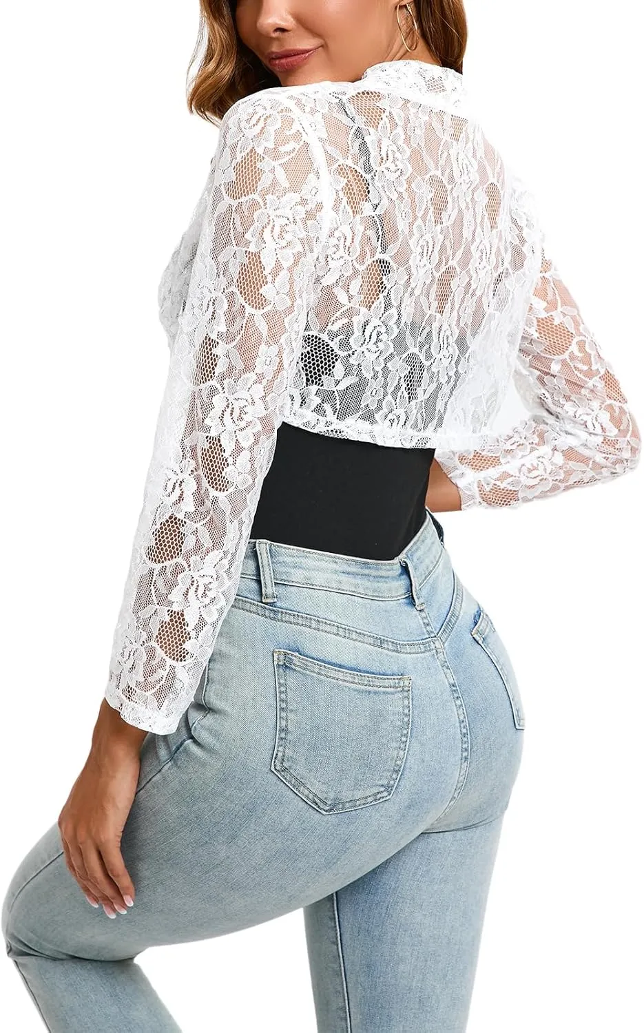 Women's 3 4 Sleeve Shrug Crochet Lace Cardigan Crop Top Crochet Lace Cardigan Sheer Cover Up