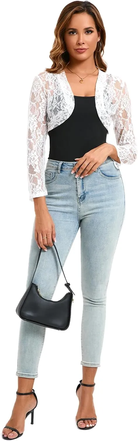 Women's 3 4 Sleeve Shrug Crochet Lace Cardigan Crop Top Crochet Lace Cardigan Sheer Cover Up