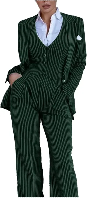 Women's 3 Piece Stripes Suit Set Slim Fit Blazer Jacket Vest Pant Business Outfits