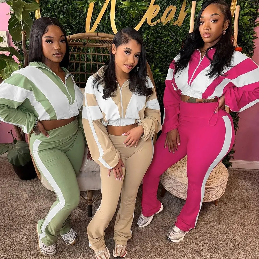 Women's 80s Color Block Tracksuit 2 Piece Outfit Zip Up Crop Jacket and Bodycon Pants Set Long Sleeve Sweatsuit