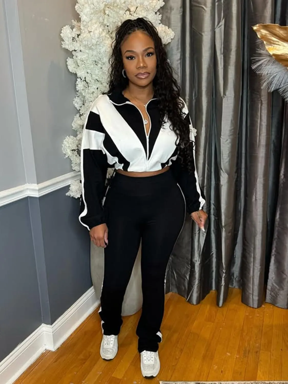 Women's 80s Color Block Tracksuit 2 Piece Outfit Zip Up Crop Jacket and Bodycon Pants Set Long Sleeve Sweatsuit