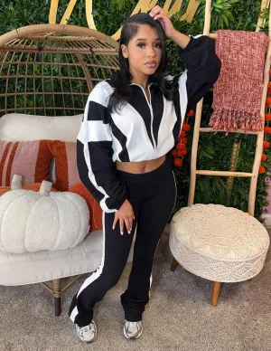 Women's 80s Color Block Tracksuit 2 Piece Outfit Zip Up Crop Jacket and Bodycon Pants Set Long Sleeve Sweatsuit