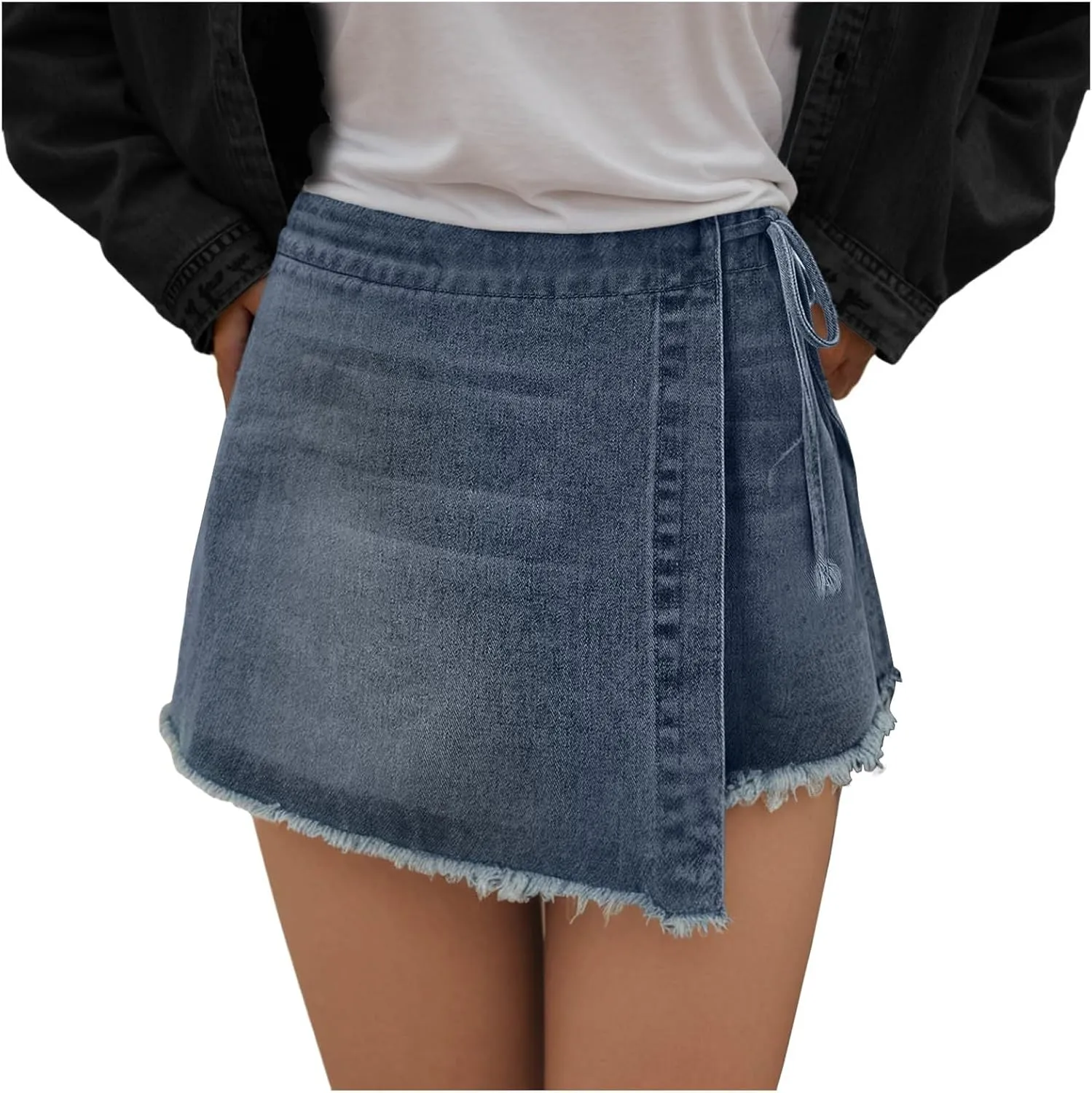 Womens Denim Skorts High Waisted Casual Summer Asymmetrical Hem Side Tie Jean Skirt with Shorts and Pockets