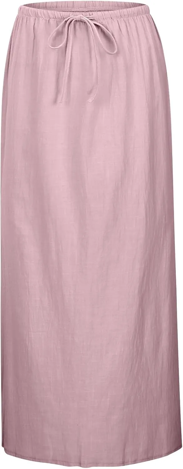 Women's Flowy Low Waist Linen Maxi Skirt A Line Low Rise Soft Bohemian Long Skirt Womens Casual Vacation Dressy Skirts
