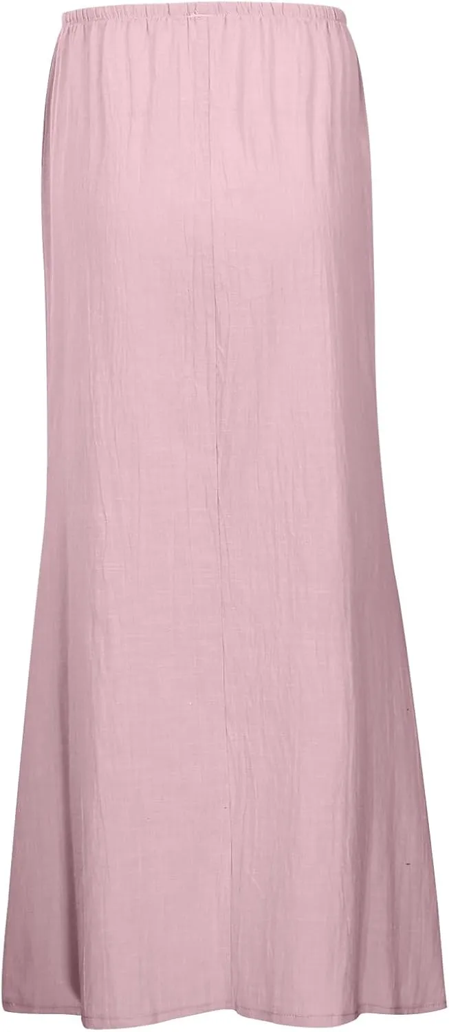 Women's Flowy Low Waist Linen Maxi Skirt A Line Low Rise Soft Bohemian Long Skirt Womens Casual Vacation Dressy Skirts
