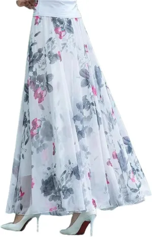 Women's Long Boho Skirts Summer Beach Floral Chiffon Skirt Vintage A-Line Maxi Pleated Skirt Plus Size