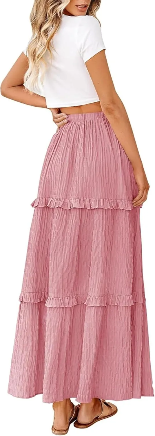 Women's Maxi Skirt Boho Maxi Skirt Beach Casual Drawstring A Line Elastic High Waist Flowy Long Skirts