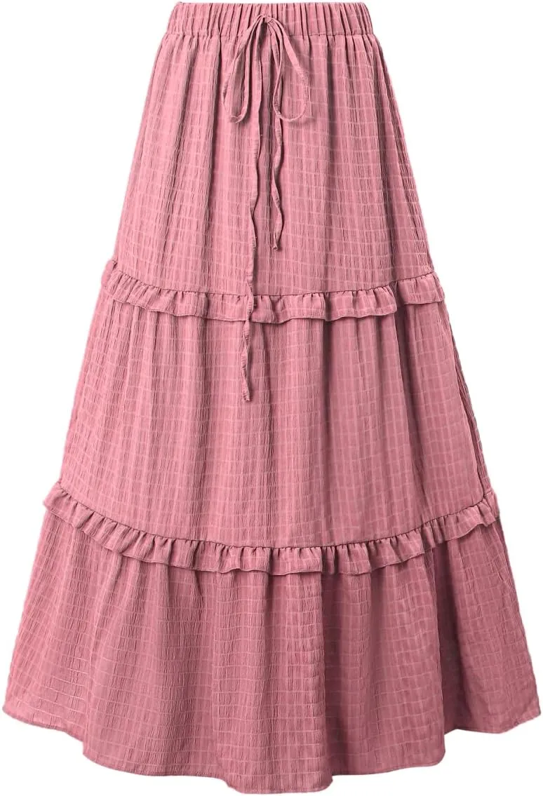 Women's Maxi Skirt Boho Maxi Skirt Beach Casual Drawstring A Line Elastic High Waist Flowy Long Skirts