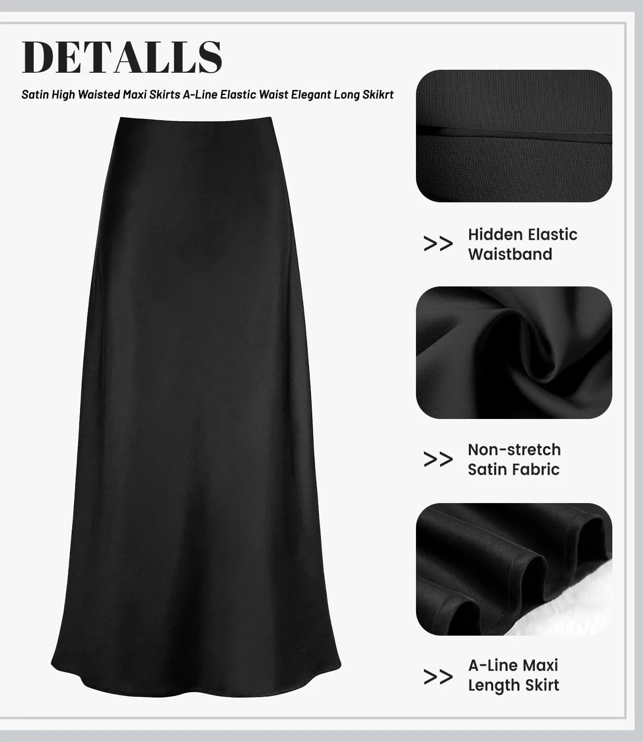 Women's Satin Silky High Waist Maxi Skirt Elegant Elastic Waistband A Line Long Skirts