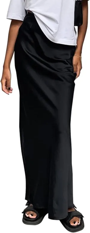 Women's Satin Silky High Waist Maxi Skirt Elegant Elastic Waistband A Line Long Skirts