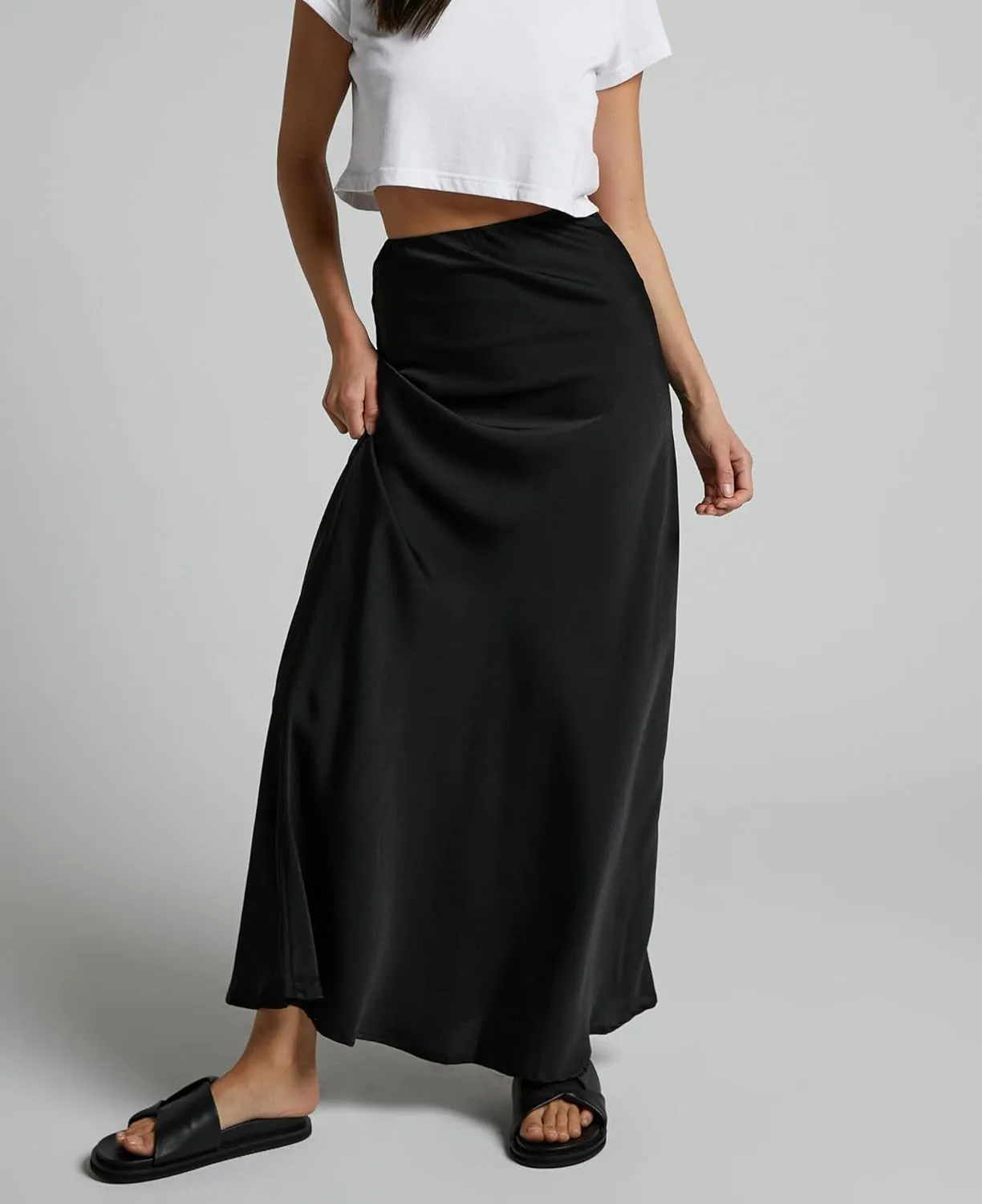 Women's Satin Silky High Waist Maxi Skirt Elegant Elastic Waistband A Line Long Skirts