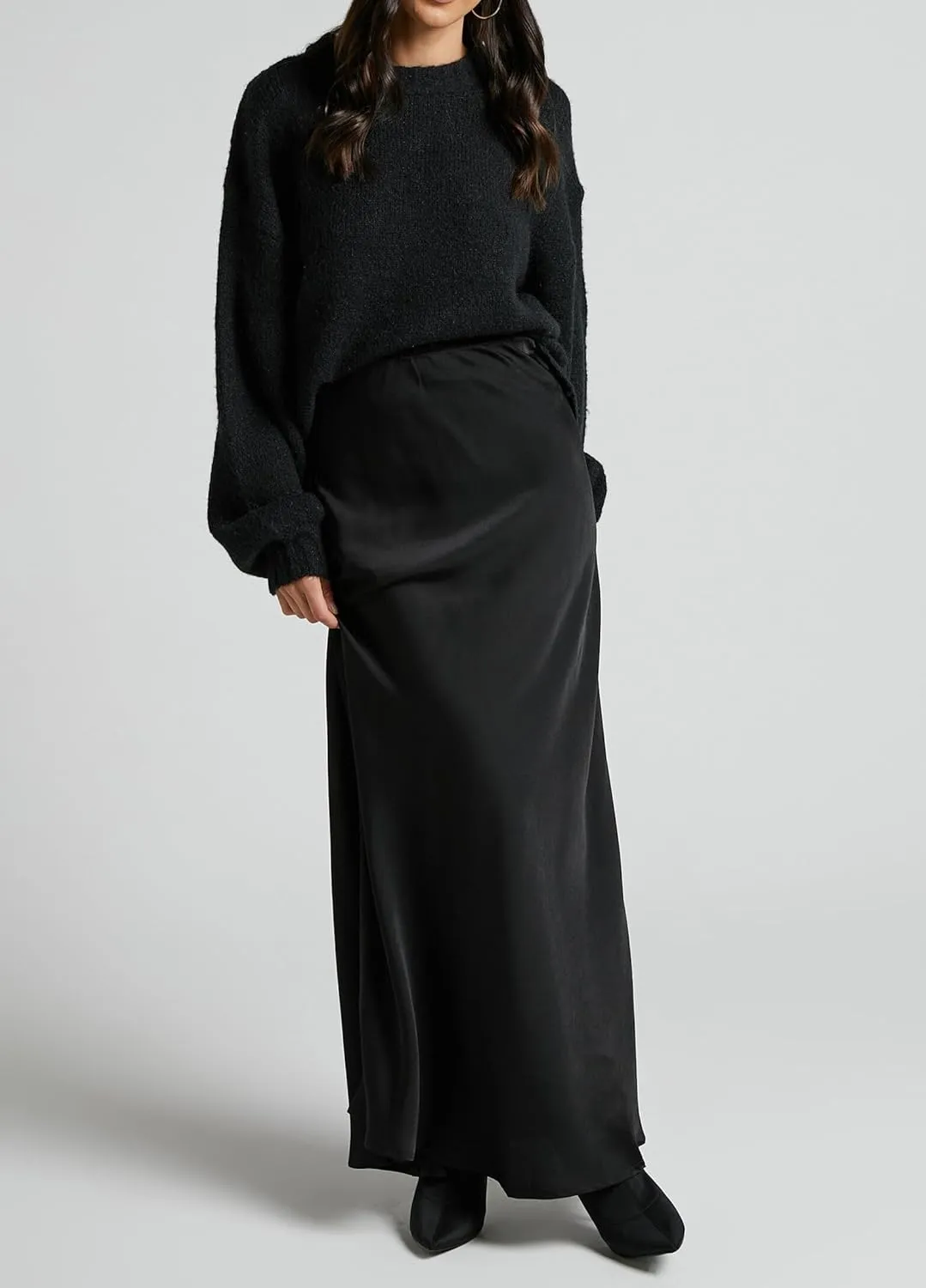 Women's Satin Silky High Waist Maxi Skirt Elegant Elastic Waistband A Line Long Skirts