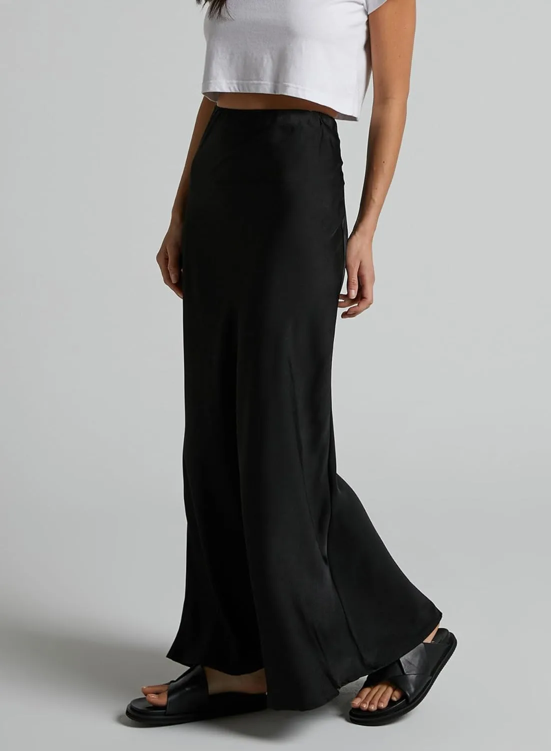 Women's Satin Silky High Waist Maxi Skirt Elegant Elastic Waistband A Line Long Skirts