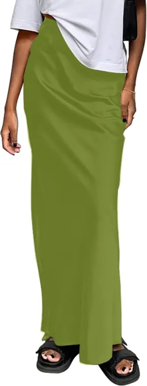 Women's Satin Silky High Waist Maxi Skirt Elegant Elastic Waistband A Line Long Skirts