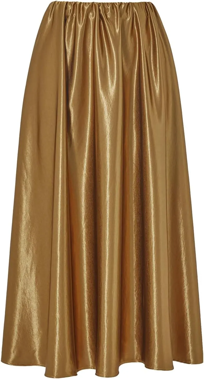 Women's Satin Skirts Long Length High Waisted Solid Color A-Line Luxury Wedding Dress Up Pleated Flowy Midi Skirt