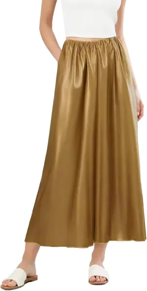Women's Satin Skirts Long Length High Waisted Solid Color A-Line Luxury Wedding Dress Up Pleated Flowy Midi Skirt