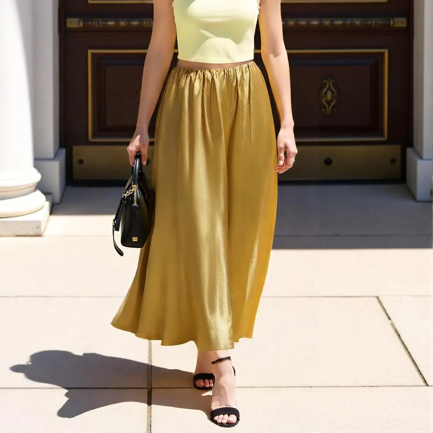 Women's Satin Skirts Long Length High Waisted Solid Color A-Line Luxury Wedding Dress Up Pleated Flowy Midi Skirt