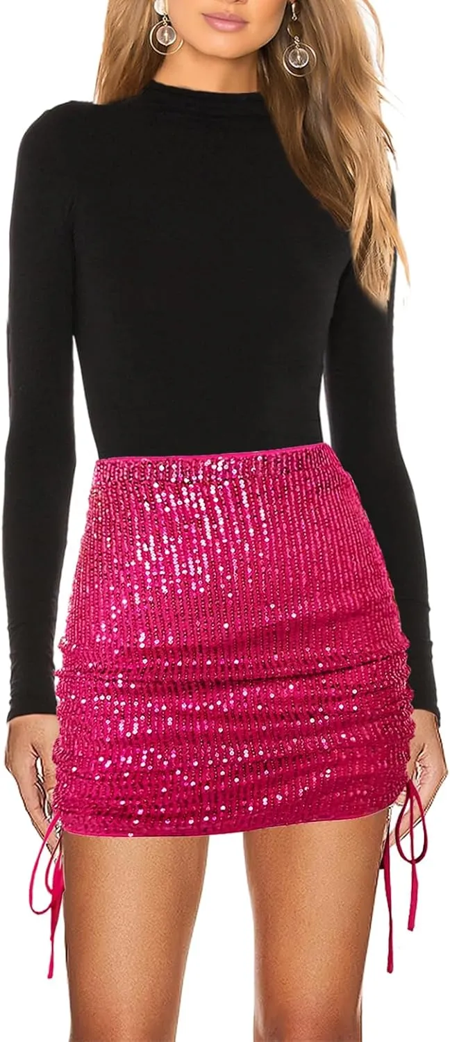 Women's Sequin Skirt Sparkly Glitter Drawstring Pencil Bodycon Mini Skirts Night Out Party Club Wear