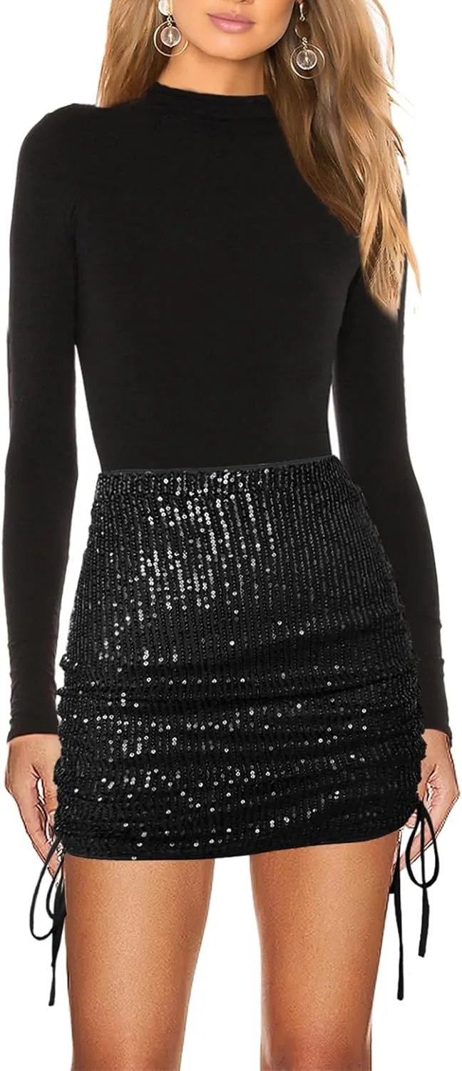 Women's Sequin Skirt Sparkly Glitter Drawstring Pencil Bodycon Mini Skirts Night Out Party Club Wear