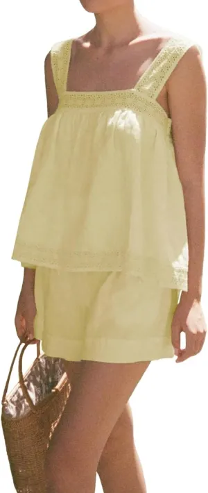 Womens Summer 2 Piece Short Sets Sleeveless Top and High Waist Wide Leg Shorts Cotton Pajamas Set