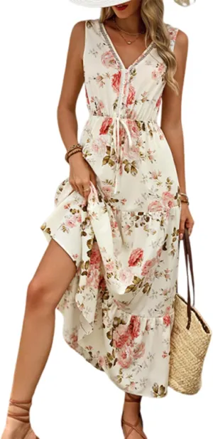 Women's Summer Floral Print Ruffle Dress Boho V Neck Button Sleeveless Waist tie Tank Dress Vacation Beach Sundress