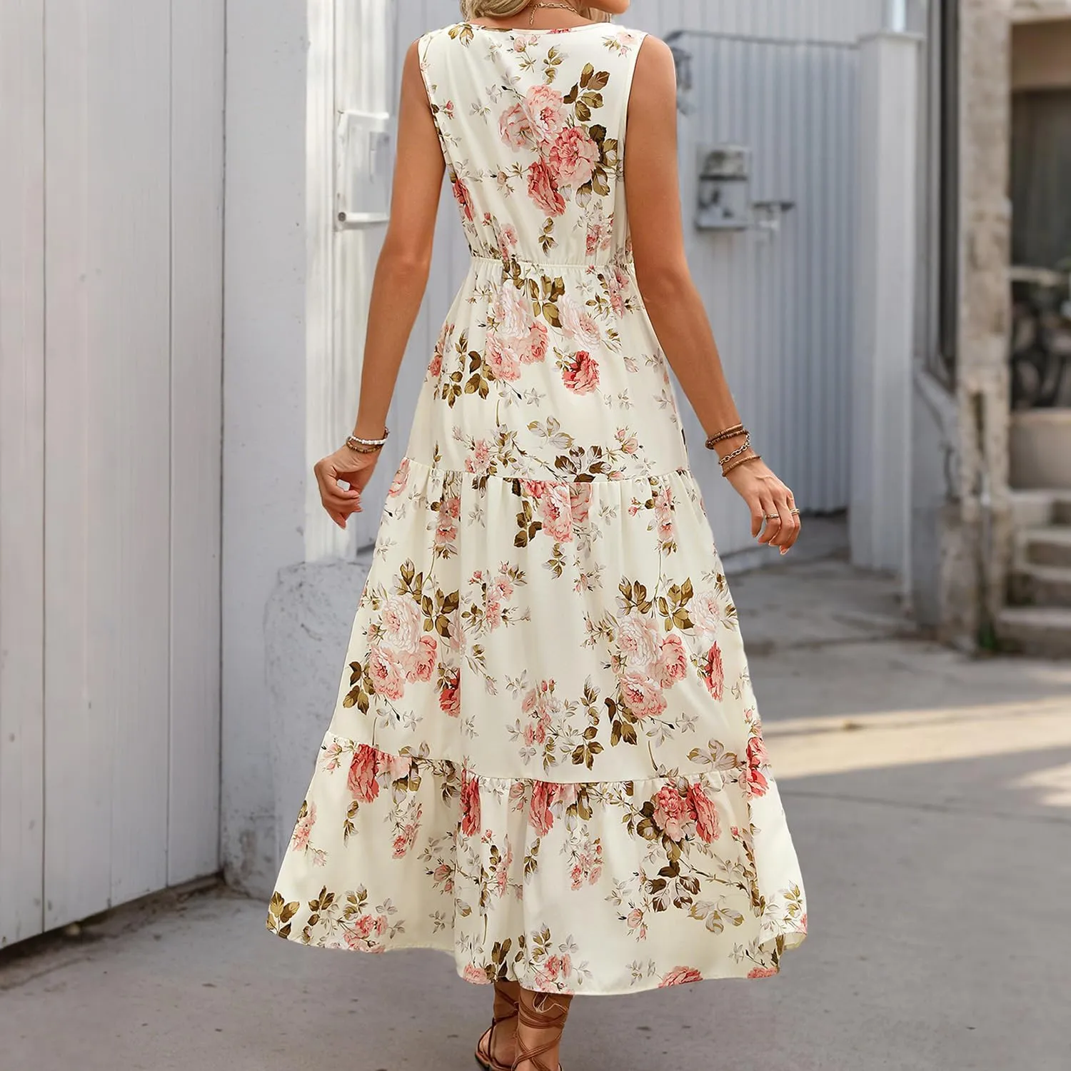 Women's Summer Floral Print Ruffle Dress Boho V Neck Button Sleeveless Waist tie Tank Dress Vacation Beach Sundress