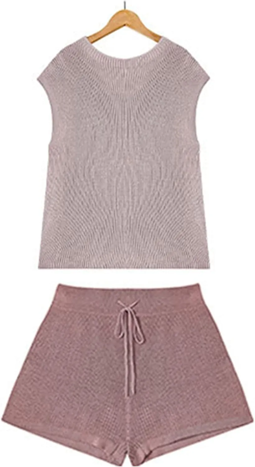 xxxiticat Women's Knitted Shorts Set Ribbed Round Neck Lace Up Hot Pants Matching Set Two Piece Knitting Vest Sweater Suit