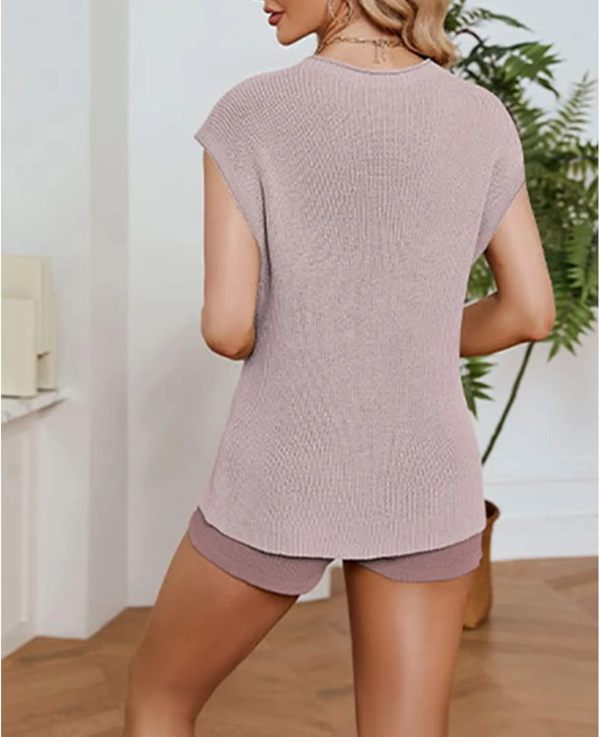 xxxiticat Women's Knitted Shorts Set Ribbed Round Neck Lace Up Hot Pants Matching Set Two Piece Knitting Vest Sweater Suit