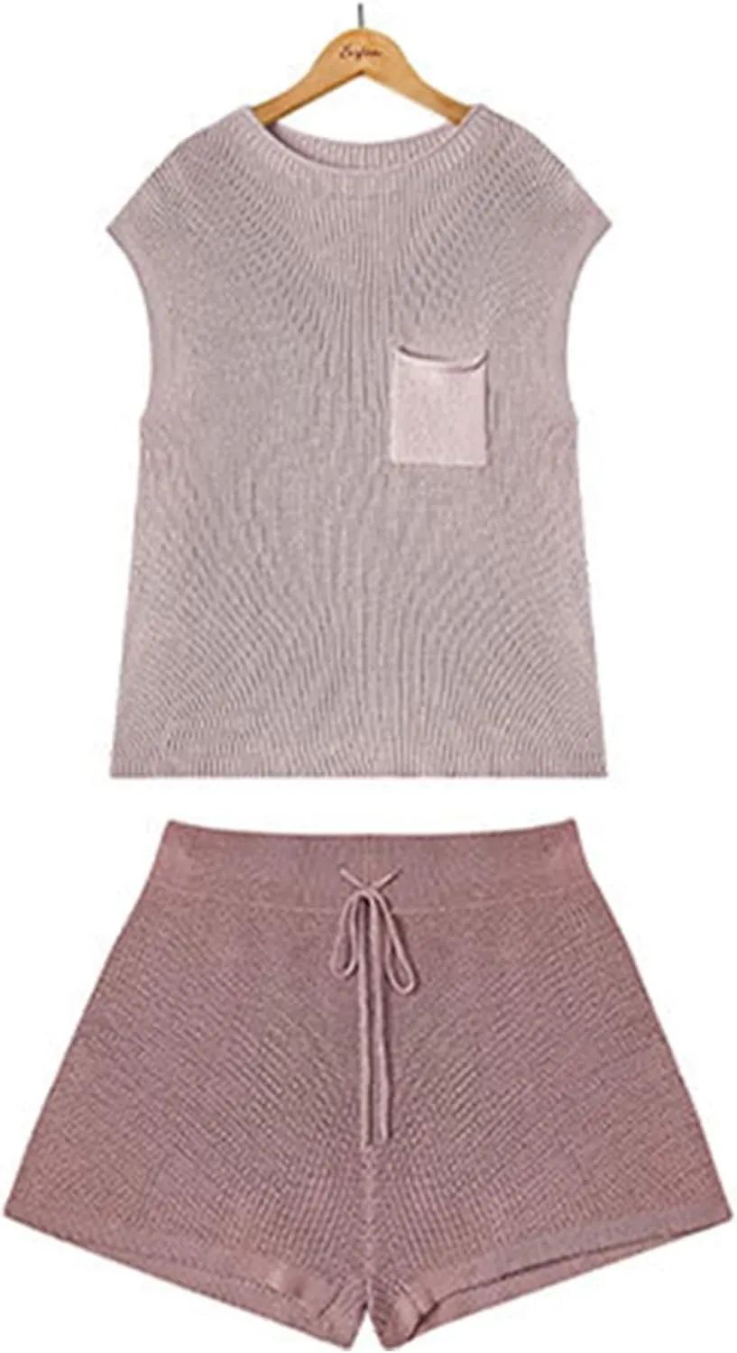 xxxiticat Women's Knitted Shorts Set Ribbed Round Neck Lace Up Hot Pants Matching Set Two Piece Knitting Vest Sweater Suit