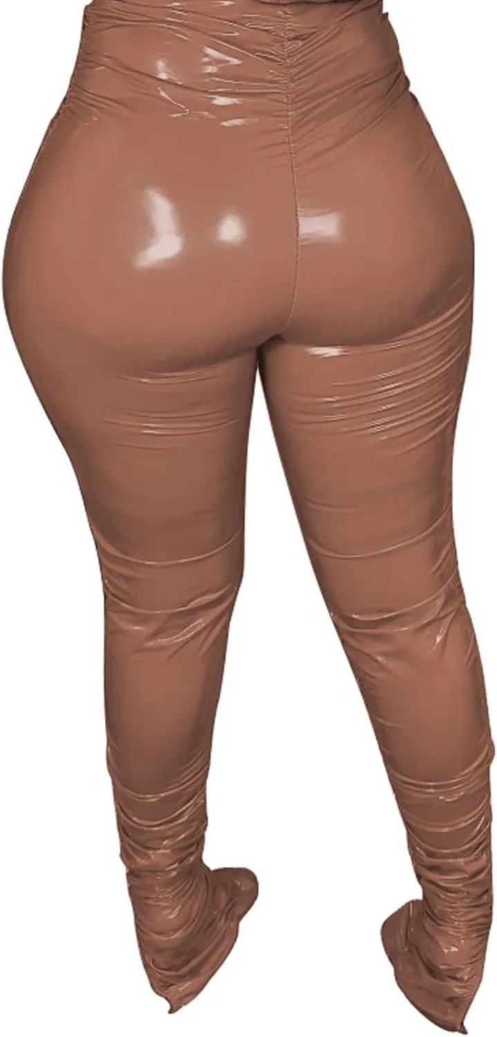 xxxiticat Women's Pleated PU Leather Pants High Wasit Bodycon Ruched Split Hem Faux Leather Club Legging Trousers