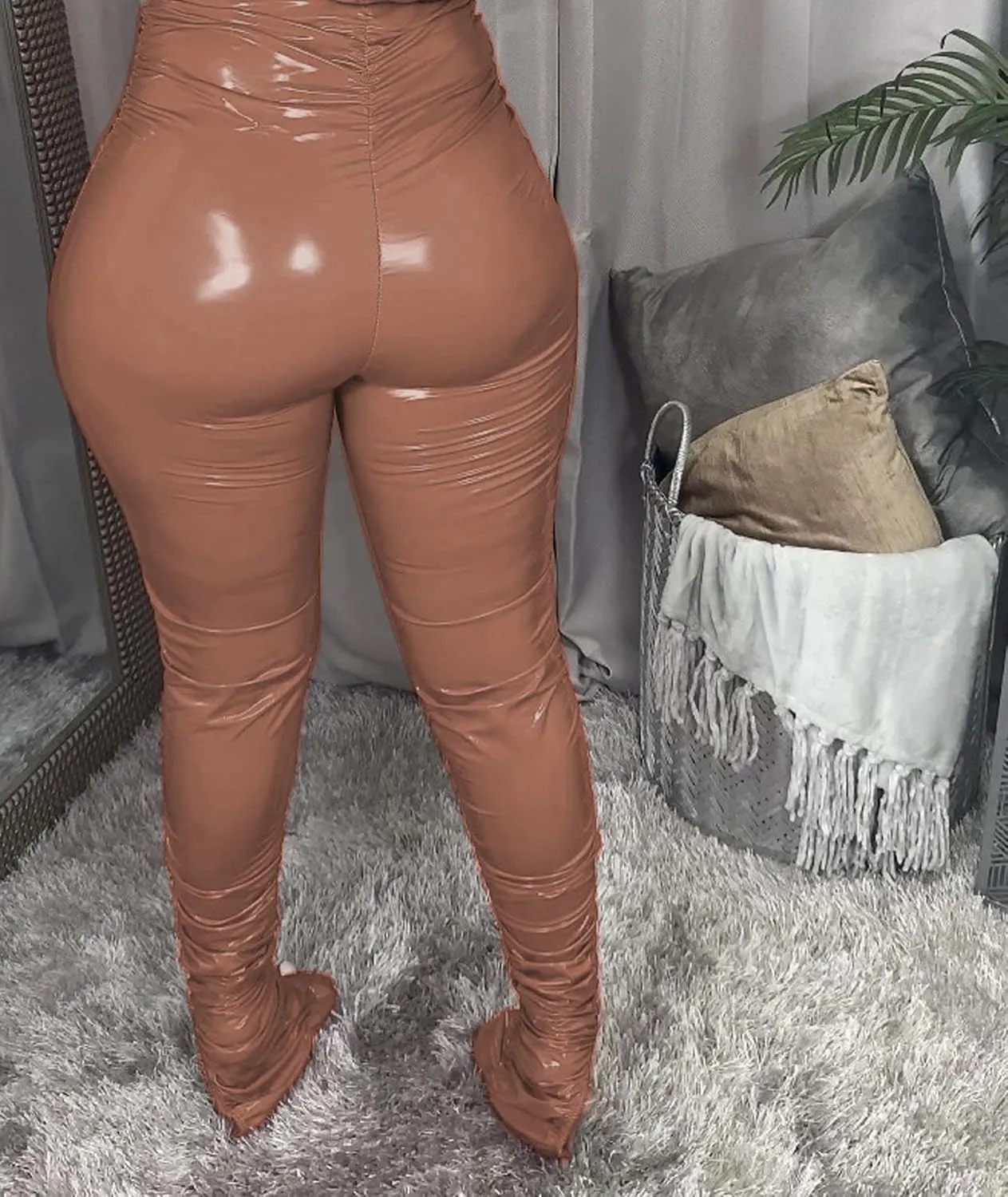 xxxiticat Women's Pleated PU Leather Pants High Wasit Bodycon Ruched Split Hem Faux Leather Club Legging Trousers