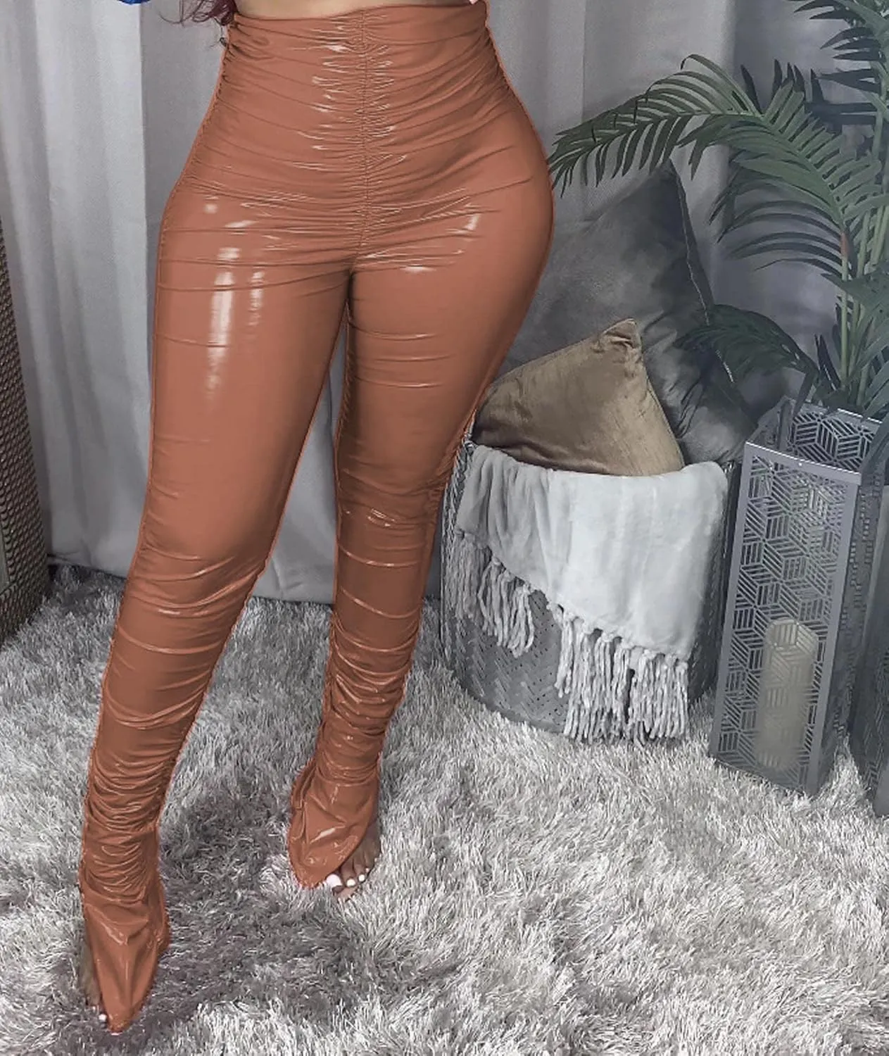 xxxiticat Women's Pleated PU Leather Pants High Wasit Bodycon Ruched Split Hem Faux Leather Club Legging Trousers