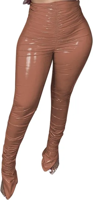 xxxiticat Women's Pleated PU Leather Pants High Wasit Bodycon Ruched Split Hem Faux Leather Club Legging Trousers