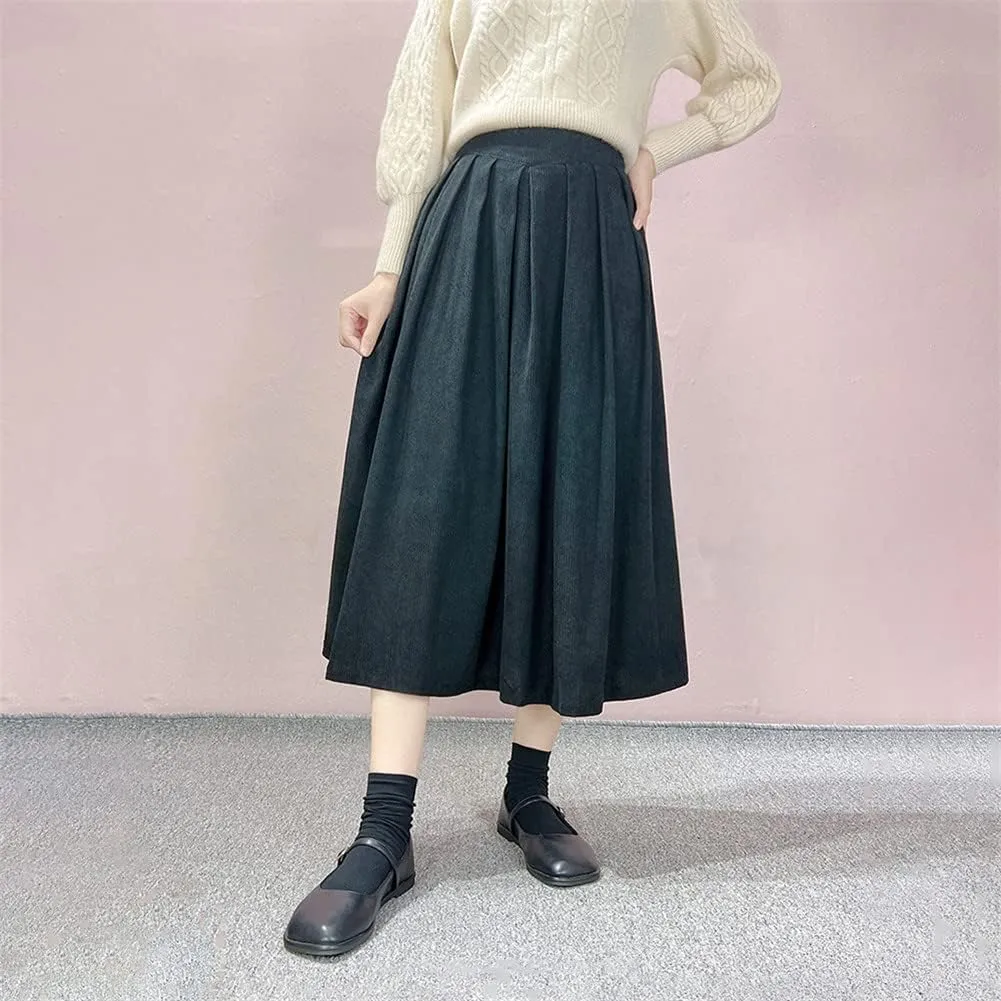 Youllyuu Autumn Winter Pleated Corduroy Skirt Women Ladies High Waist Long Midi Skirts